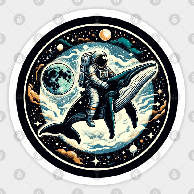 An astronaut riding a whale in outer space Sticker by Art_Boys